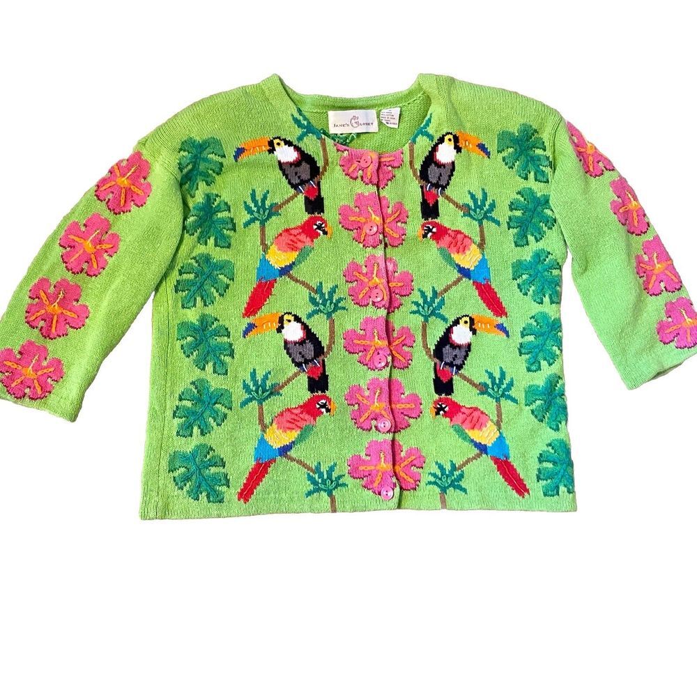 Janes Closet VTG Sweater Toucans Lime Green Sz M Button Cardigan Lovely‎ Unique